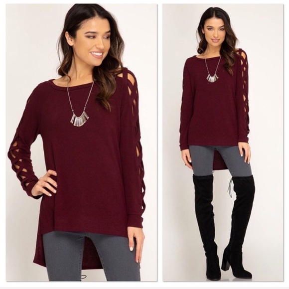 Wine Criss Cross Sleeve High Low Top - Picture 2 of 7